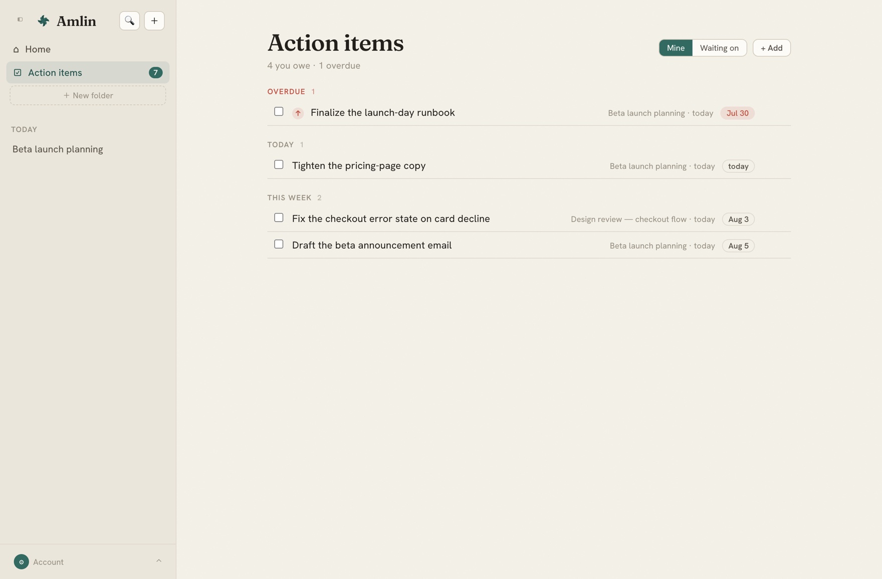 Amlin's action items view: open loops grouped into overdue, today, and this week, with owners and due dates.