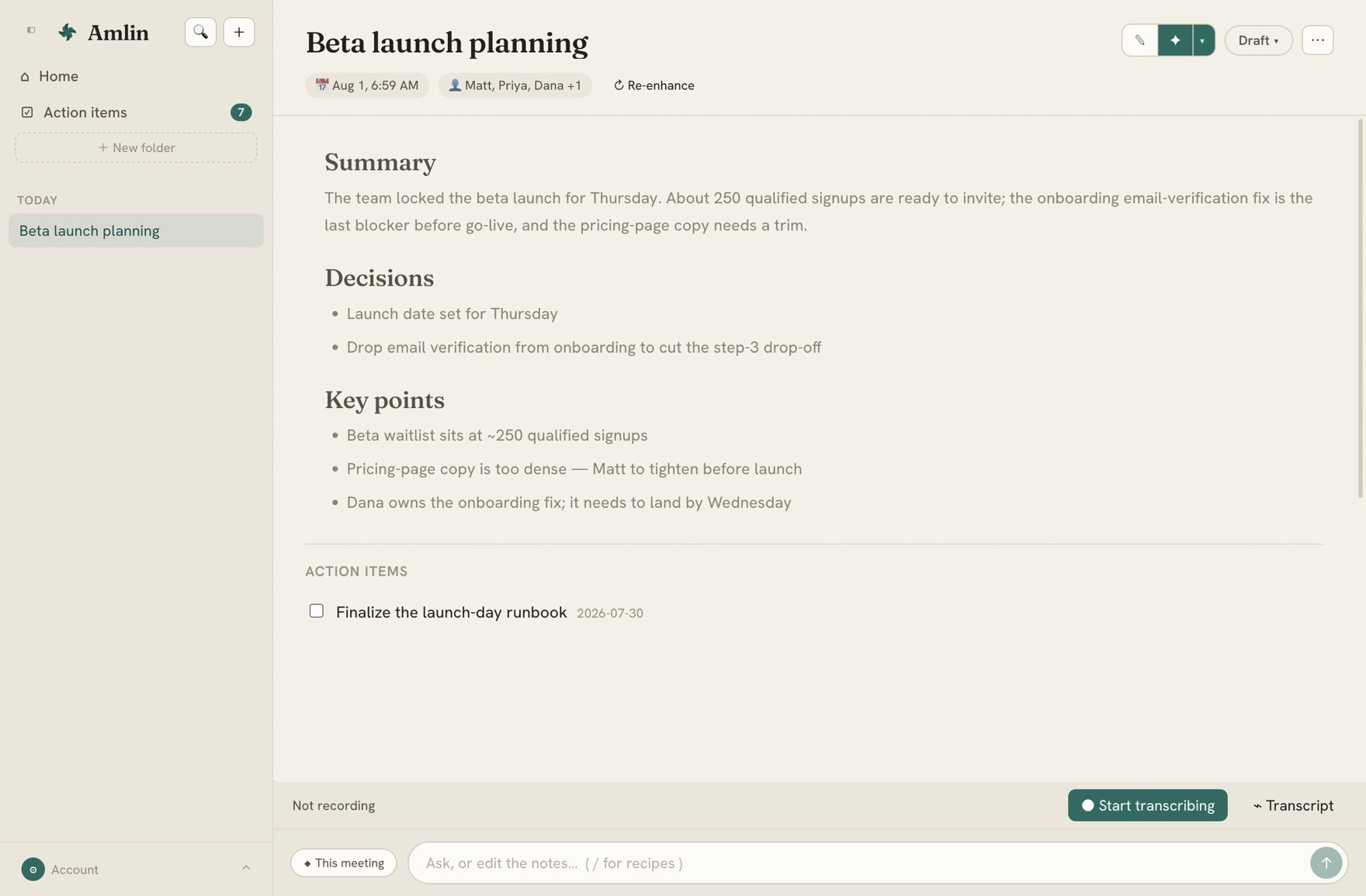 An Amlin meeting note: a clean structured summary with decisions, key points, and action items.