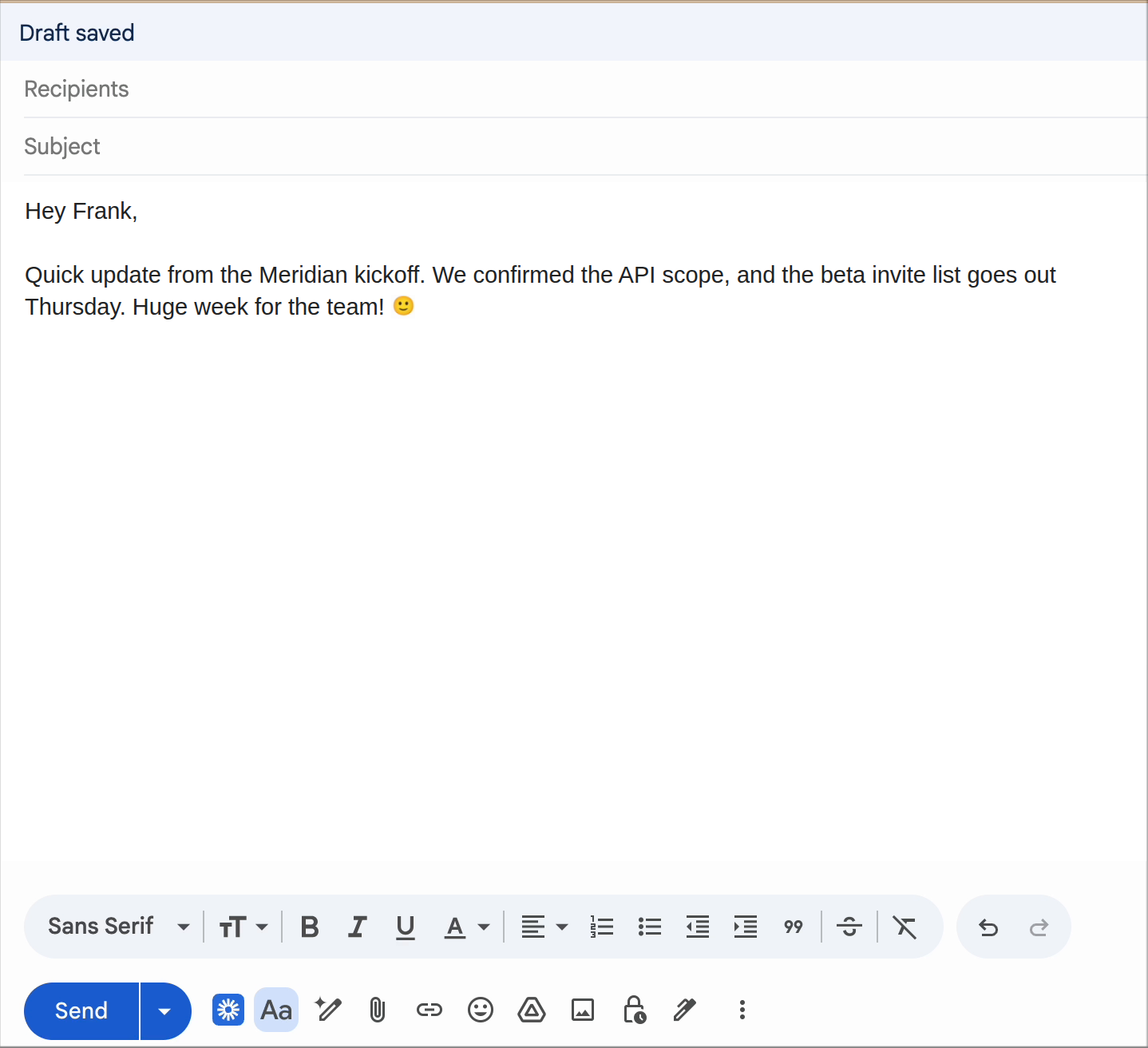 Dictating an email in Gmail with Amlin: a clean, punctuated paragraph typed by voice.